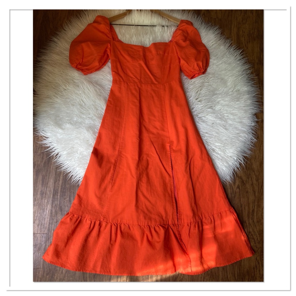 Opt Violetta Midi Dress Smocked Back Puff Short Sleeve Slit Hem Orange Size XS